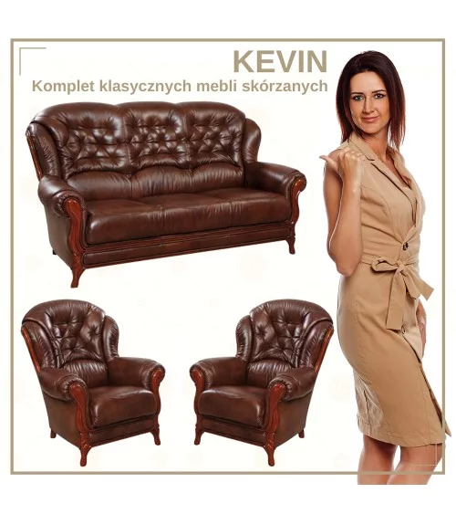 Komplet klasycznych mebli skórzanych Kevin Sofa i 2 fotele